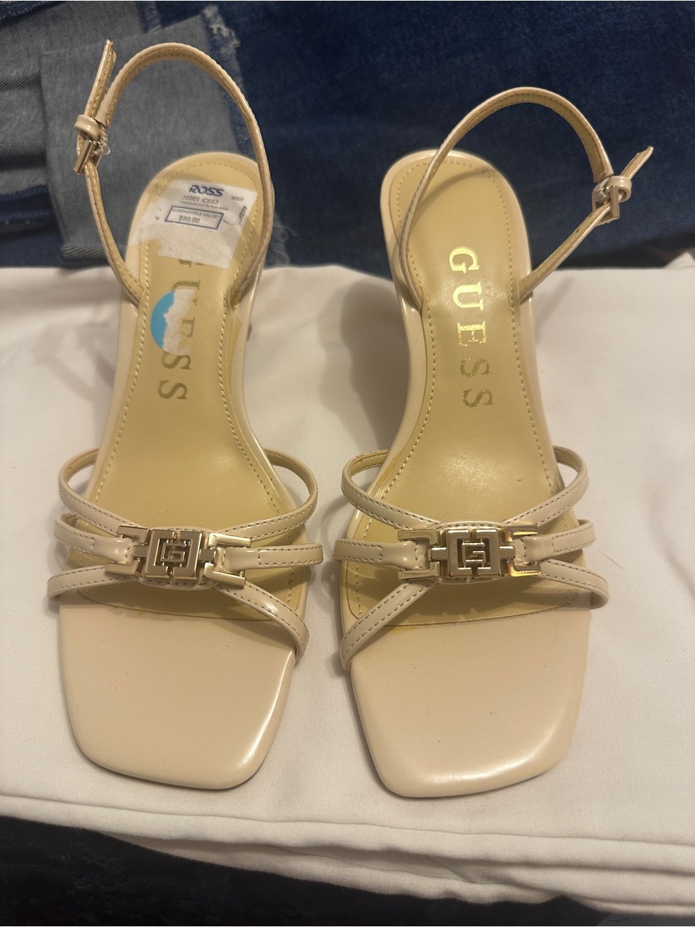 GUESS Cream Strappy Slingback Heels with Gold Logo Accent